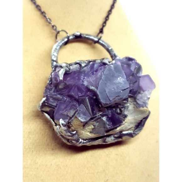 Huge Purple Flourite Octohedral crystal necklacehandmade gothic fantasy metal